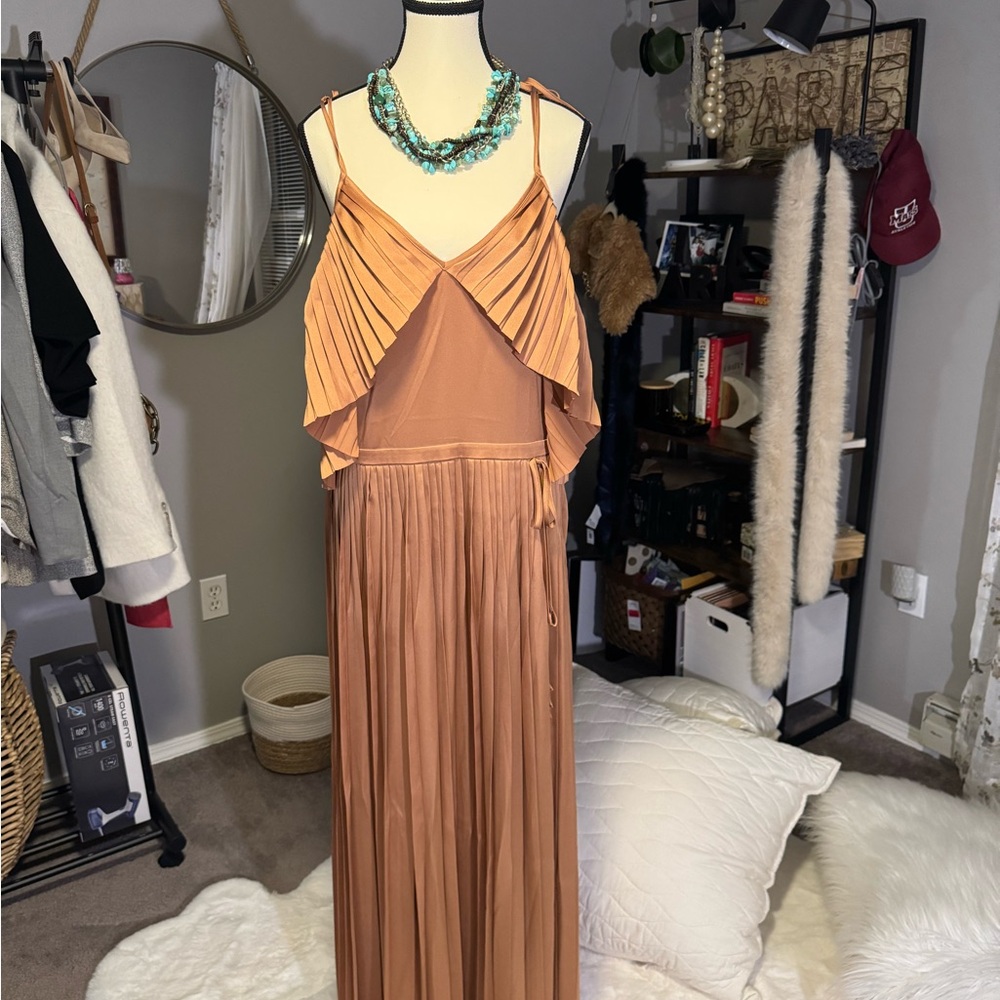 Banana Republic Tan and Orange Pleated Sundress with Spaghetti Straps
